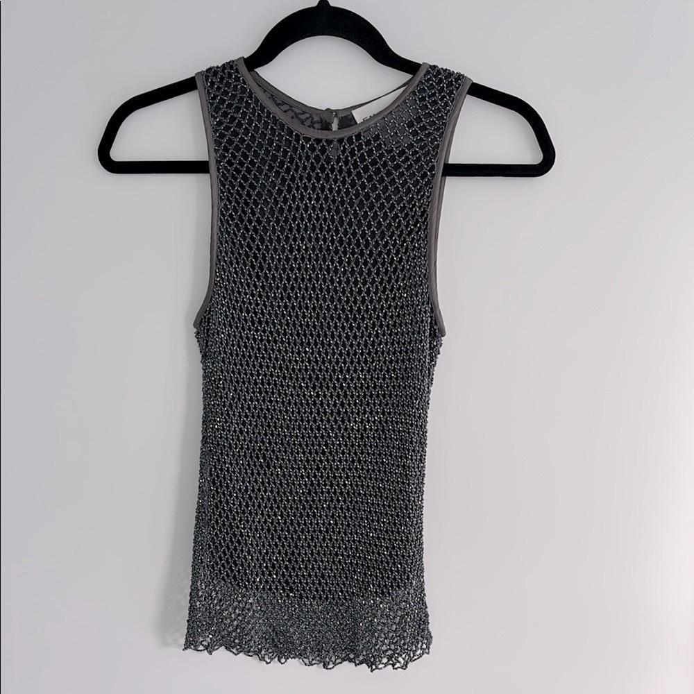 Elegant Charcoal Sheer Beaded Sleeveless Top